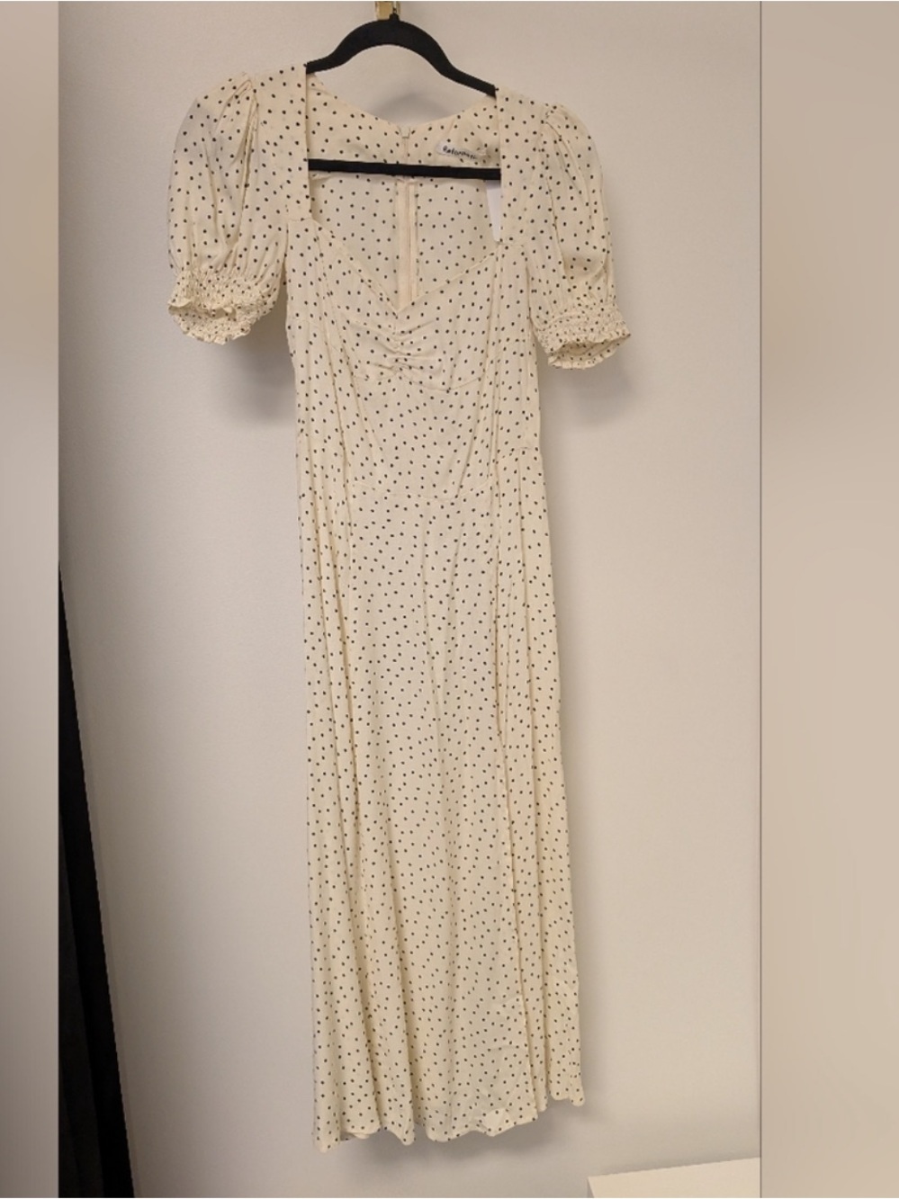 Reformation Cream Midi Dress with Black Polka Dots